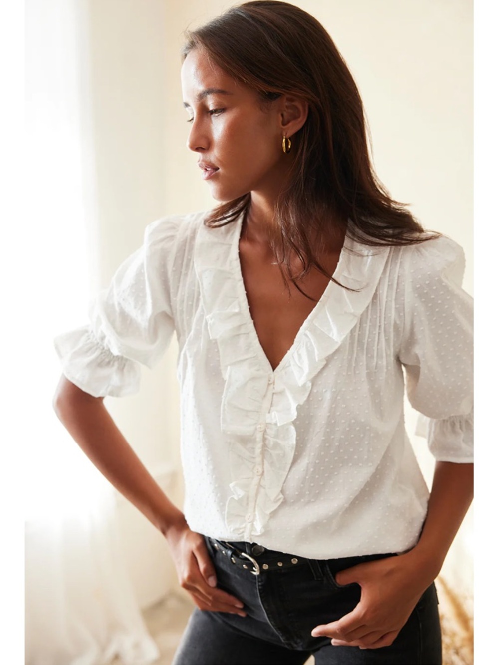 Paneros Chloe Shirt White Cotton Ruffle Blouse Small Textured Swiss Dot Feminine